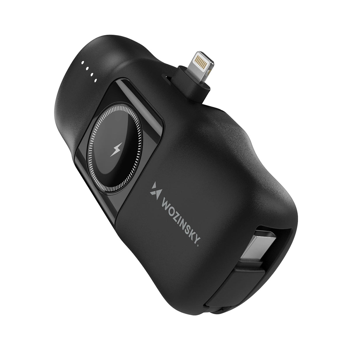 Wozinsky WF16-YLS 5000mAh 15W Lightning Mini Išorinė baterija su integruotu USB-C laidu ir Apple Watch įkrovikliu - juodas