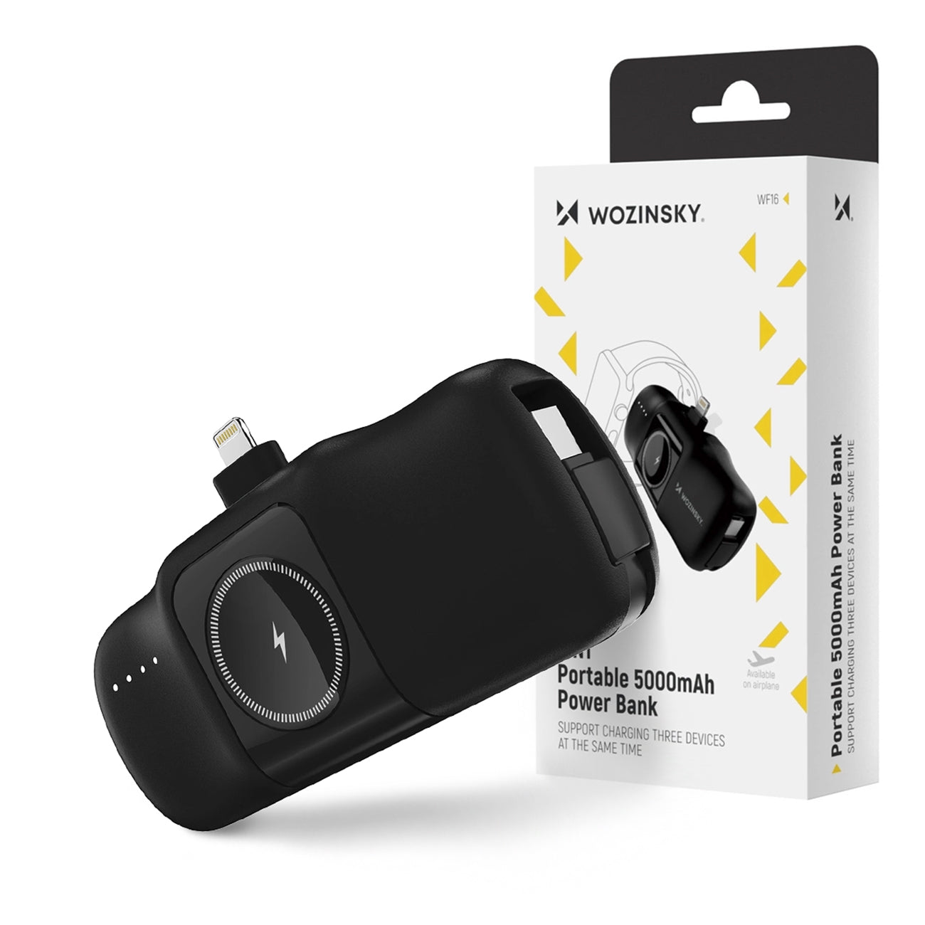 Wozinsky WF16-YLS 5000mAh 15W Lightning Mini Išorinė baterija su integruotu USB-C laidu ir Apple Watch įkrovikliu - juodas