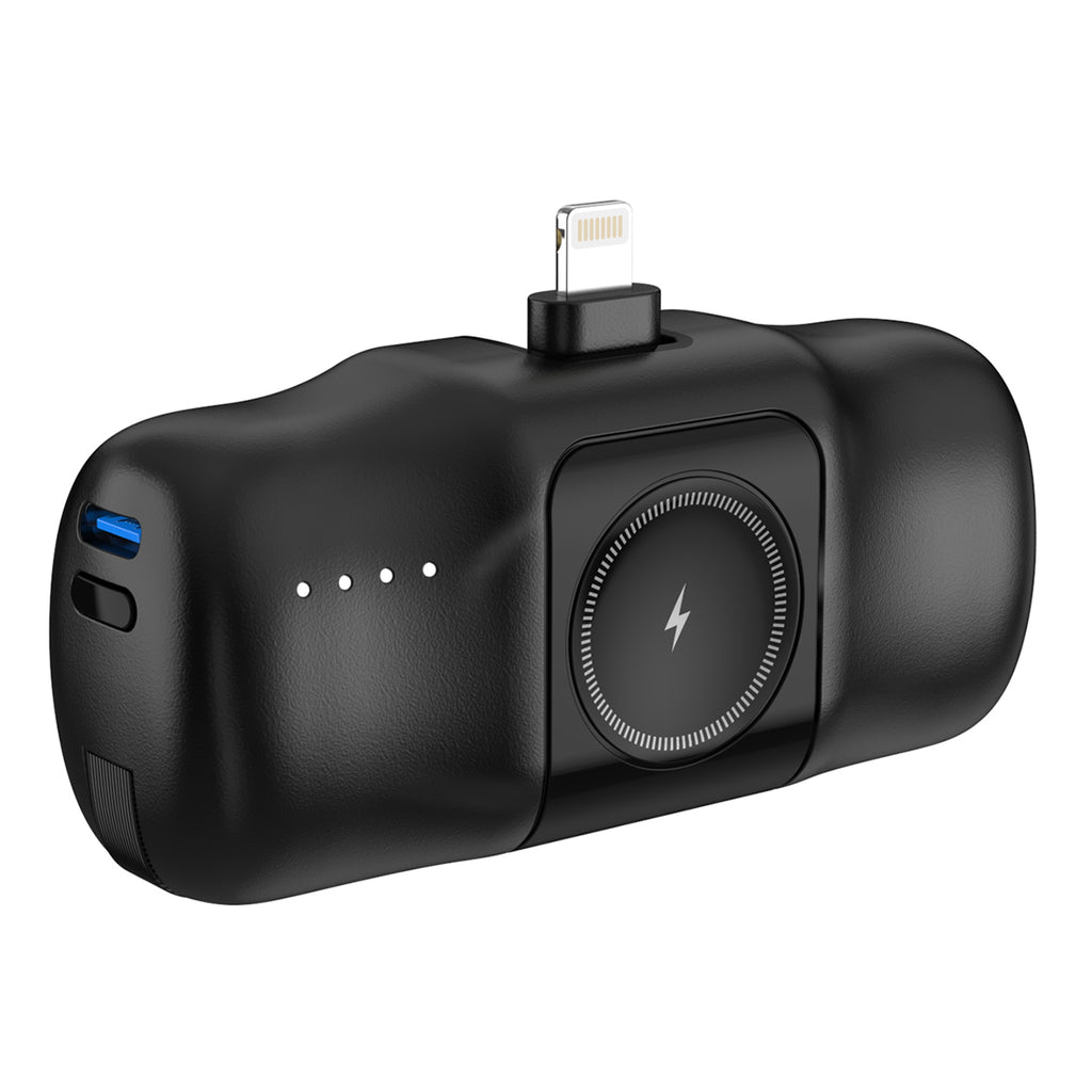 Wozinsky WF16-YLS 5000mAh 15W Lightning Mini Išorinė baterija su integruotu USB-C laidu ir Apple Watch įkrovikliu - juodas