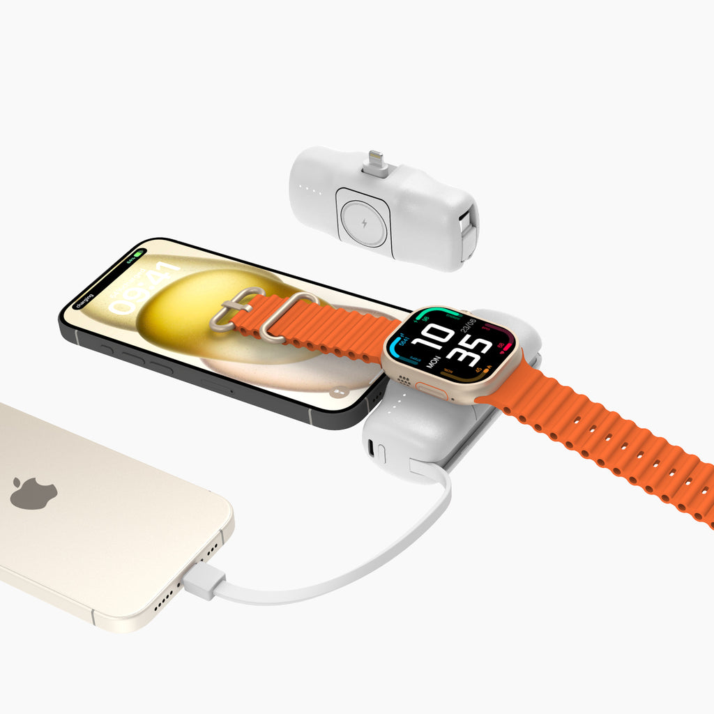 Wozinsky WF16-YLS 5000mAh 15W Lightning Mini Išorinė baterija su integruotu USB-C laidu ir Apple Watch įkrovikliu - baltas