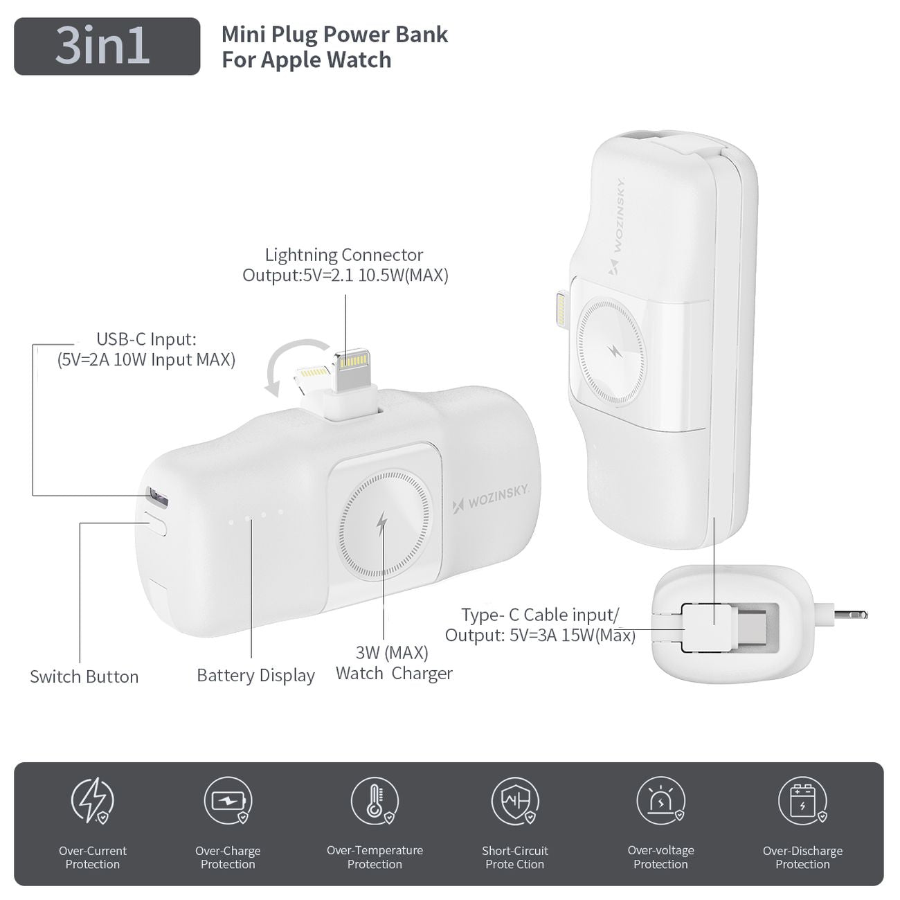 Wozinsky WF16-YLS 5000mAh 15W Lightning Mini Išorinė baterija su integruotu USB-C laidu ir Apple Watch įkrovikliu - baltas