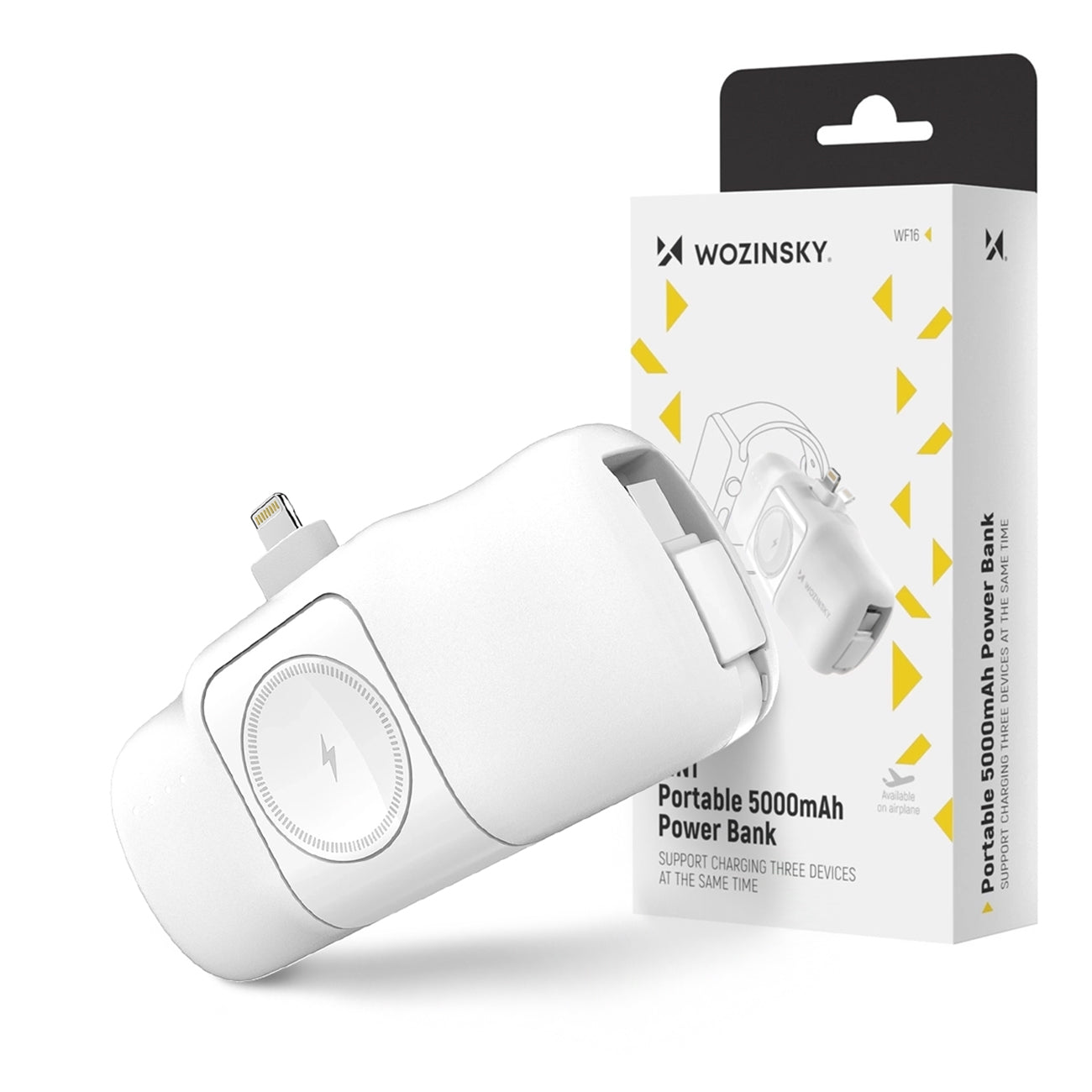 Wozinsky WF16-YLS 5000mAh 15W Lightning Mini Išorinė baterija su integruotu USB-C laidu ir Apple Watch įkrovikliu - baltas