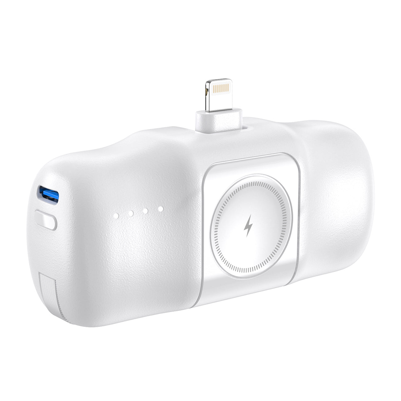 Wozinsky WF16-YLS 5000mAh 15W Lightning Mini Išorinė baterija su integruotu USB-C laidu ir Apple Watch įkrovikliu - baltas