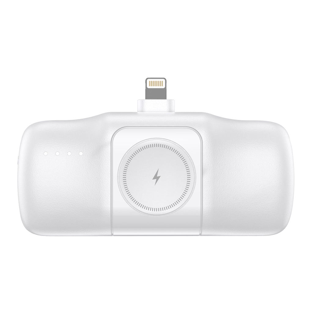 Wozinsky WF16-YLS 5000mAh 15W Lightning Mini Išorinė baterija su integruotu USB-C laidu ir Apple Watch įkrovikliu - baltas