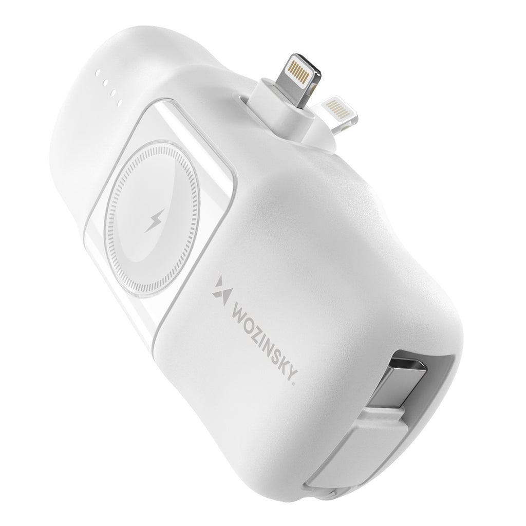 Wozinsky WF16-YLS 5000mAh 15W Lightning Mini Išorinė baterija su integruotu USB-C laidu ir Apple Watch įkrovikliu - baltas