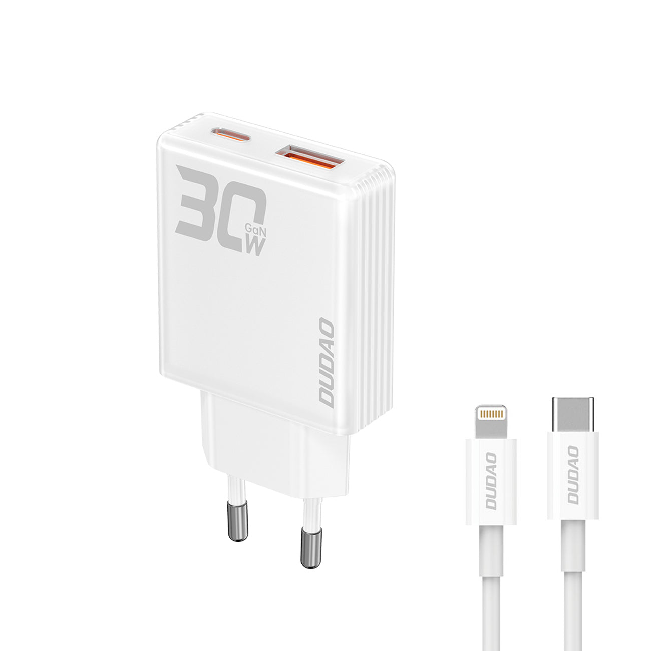 GaN Dudao A30EUL 30W USB-A / USB-C sieninis įkroviklis + USB-C - Lightning laidas - baltas Pirmasis paveikslėlis