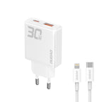 GaN Dudao A30EUL 30W USB-A / USB-C sieninis įkroviklis + USB-C - Lightning laidas - baltas