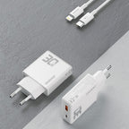 GaN Dudao A30EUL 30W USB-A / USB-C sieninis įkroviklis + USB-C - Lightning laidas - baltas