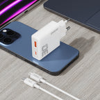 GaN Dudao A30EUL 30W USB-A / USB-C sieninis įkroviklis + USB-C - Lightning laidas - baltas
