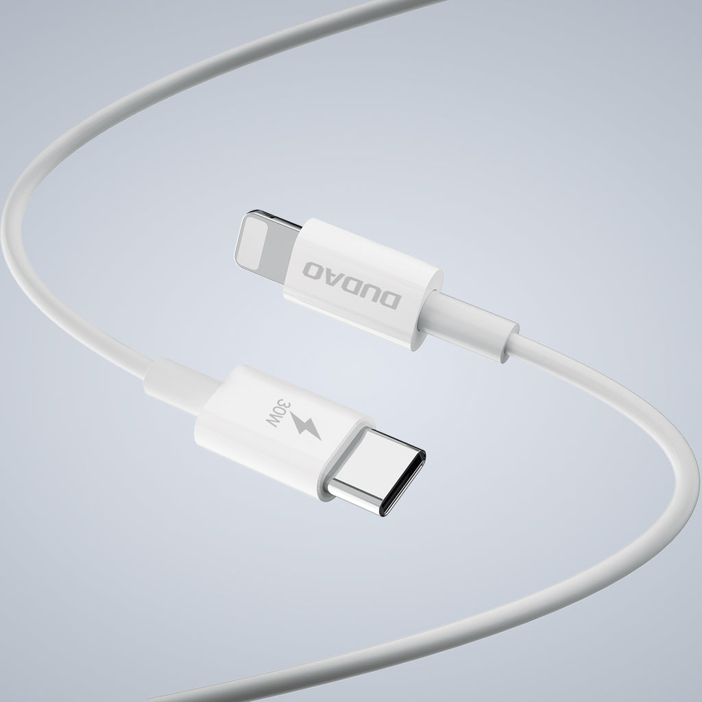 GaN Dudao A30EUL 30W USB-A / USB-C sieninis įkroviklis + USB-C - Lightning laidas - baltas