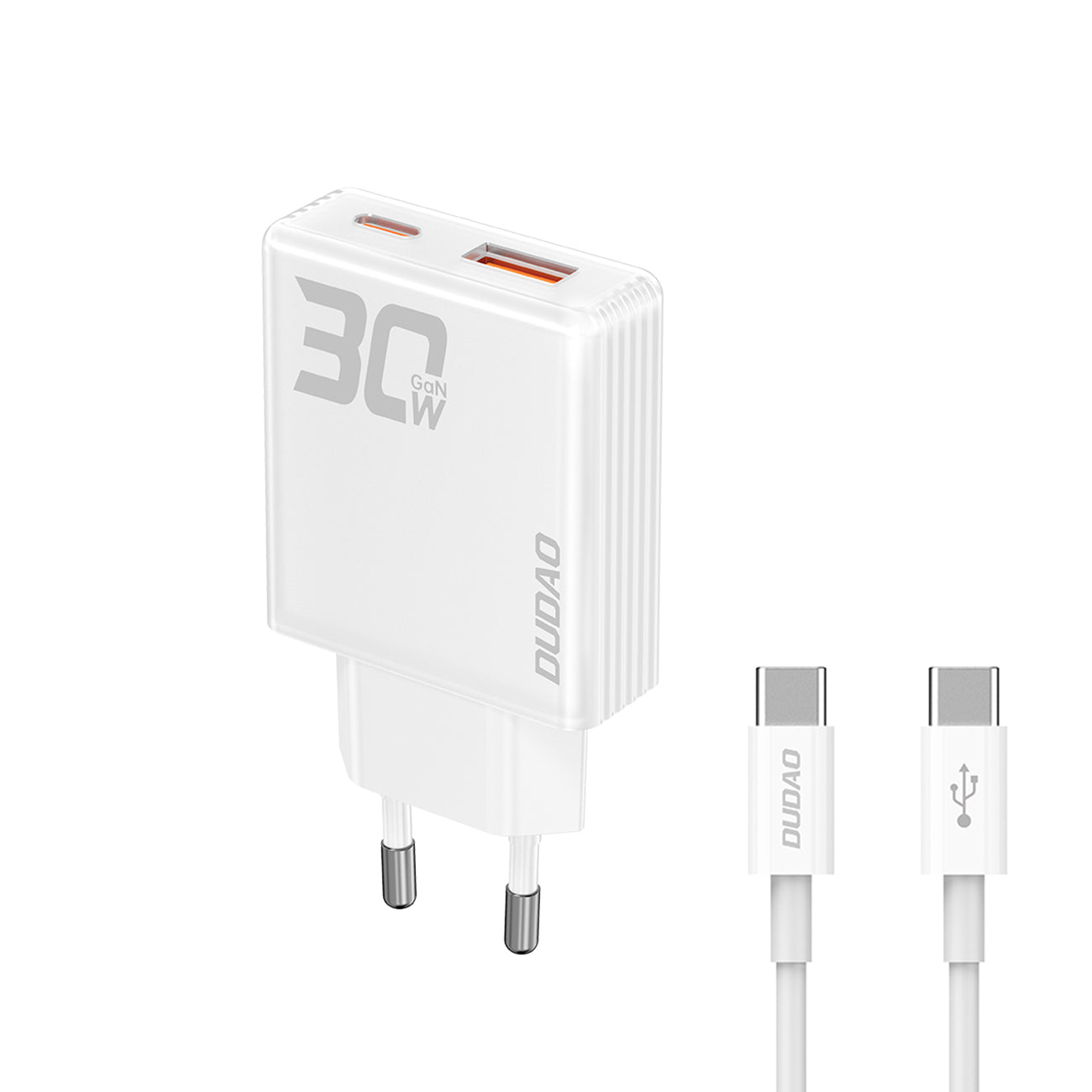 GaN Dudao A30EUT 30W USB-A / USB-C sieninis įkroviklis + USB-C - USB-C laidas - baltas Pirmasis paveikslėlis
