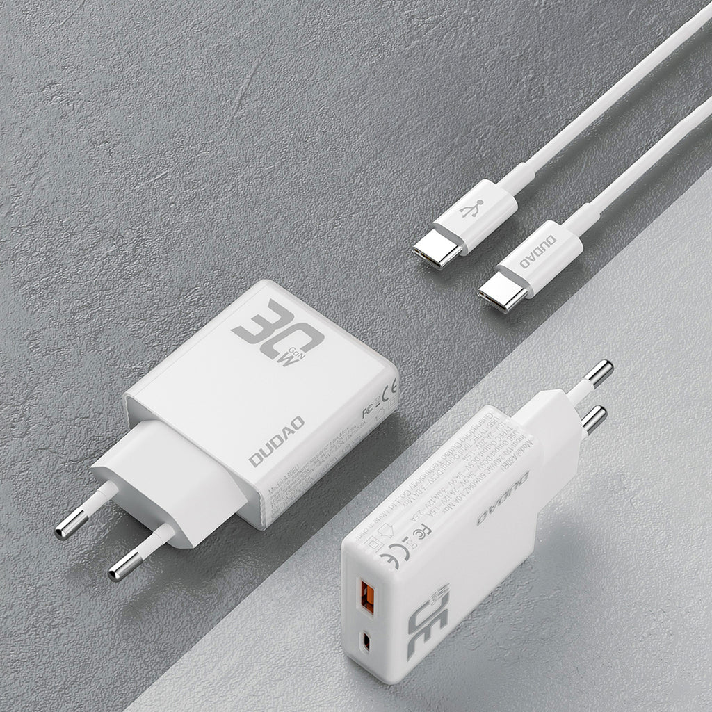 GaN Dudao A30EUT 30W USB-A / USB-C sieninis įkroviklis + USB-C - USB-C laidas - baltas