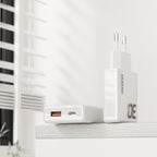 GaN Dudao A30EUT 30W USB-A / USB-C sieninis įkroviklis + USB-C - USB-C laidas - baltas