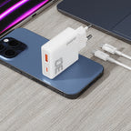 GaN Dudao A30EUT 30W USB-A / USB-C sieninis įkroviklis + USB-C - USB-C laidas - baltas