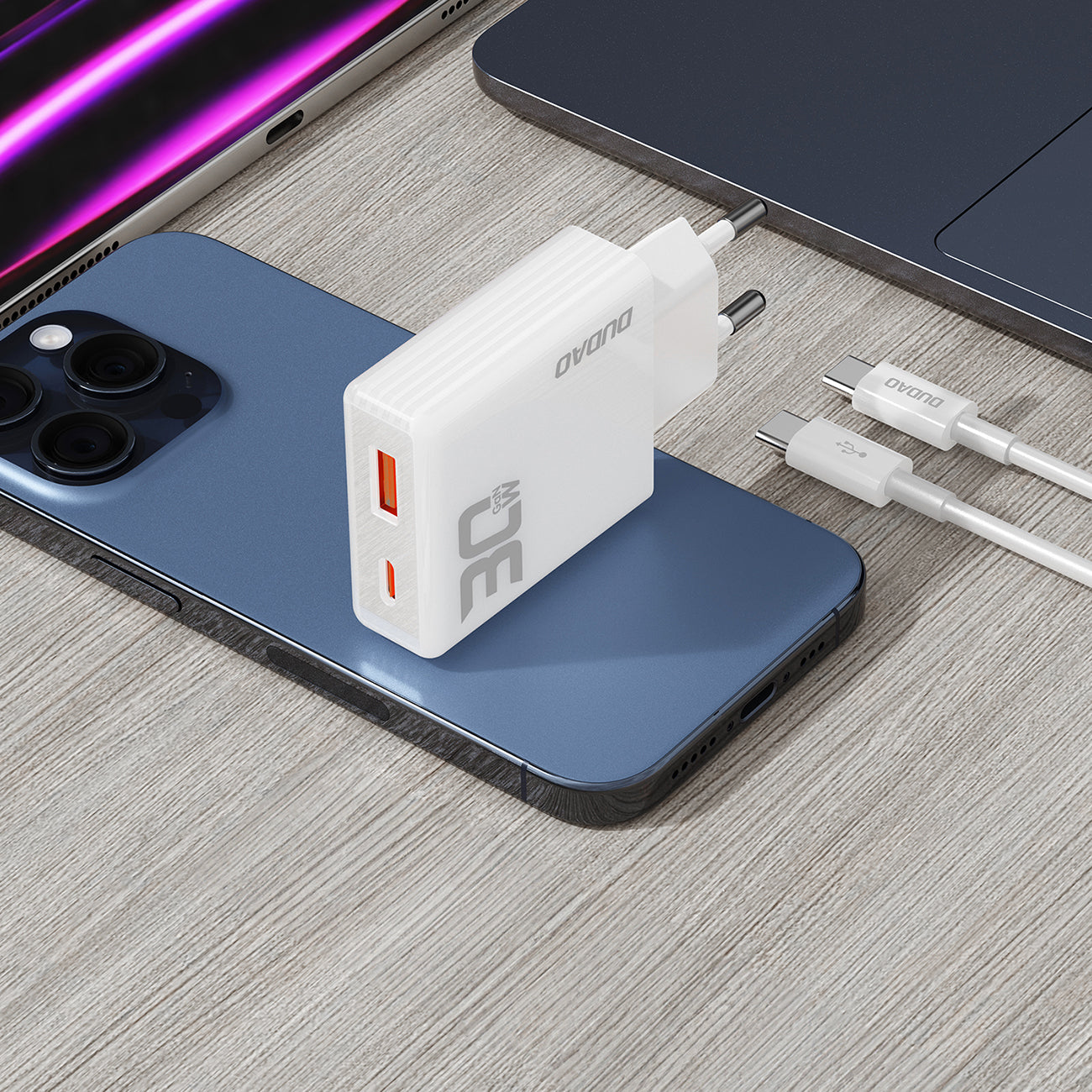 GaN Dudao A30EUT 30W USB-A / USB-C sieninis įkroviklis + USB-C - USB-C laidas - baltas