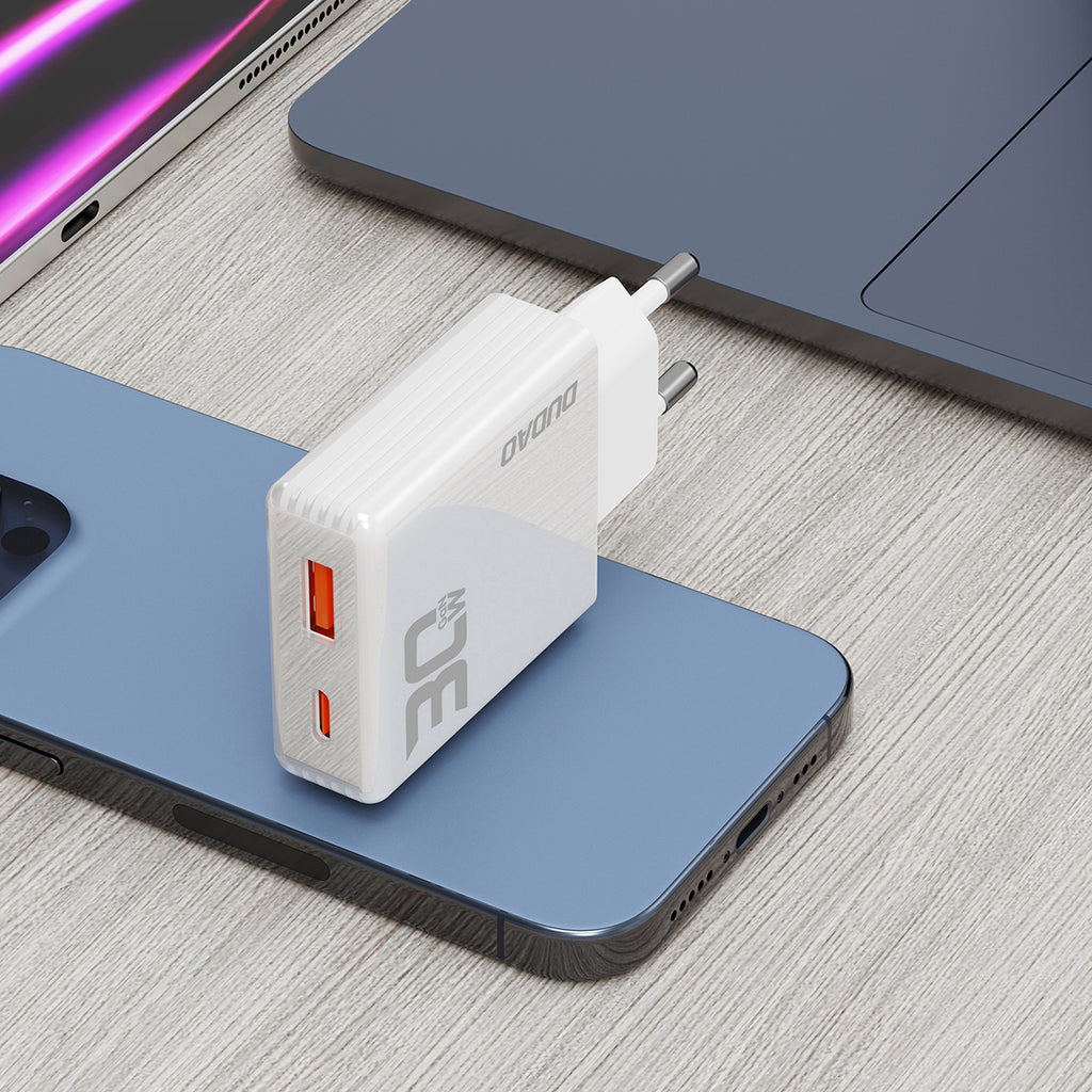 GaN Dudao A30EU 30W USB-A / USB-C sieninis įkroviklis - baltas