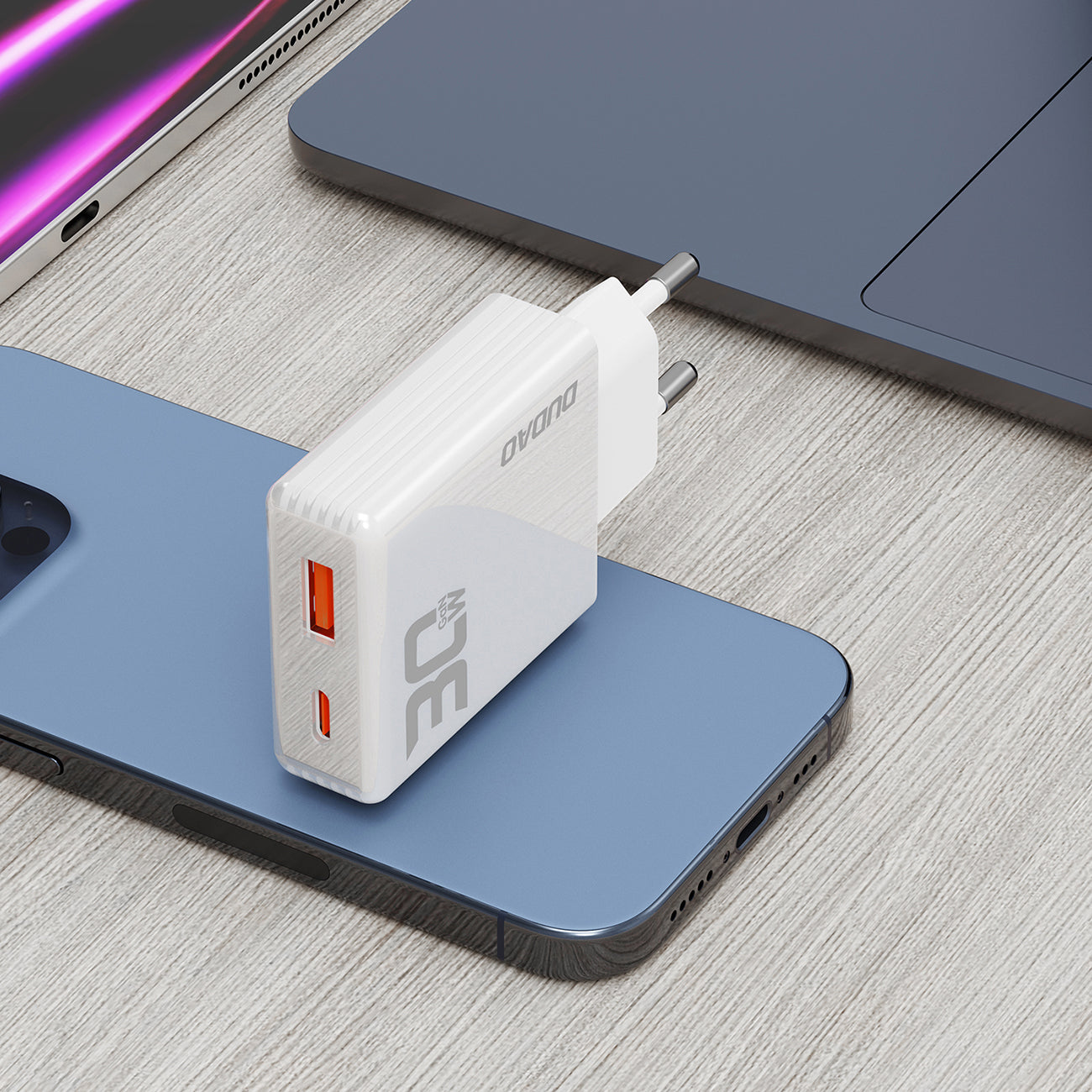 GaN Dudao A30EU 30W USB-A / USB-C sieninis įkroviklis - baltas