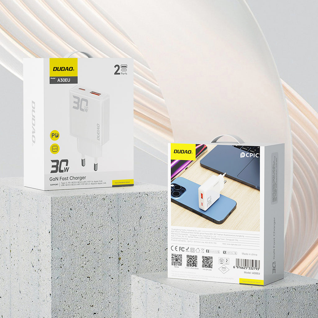 GaN Dudao A30EU 30W USB-A / USB-C sieninis įkroviklis - baltas