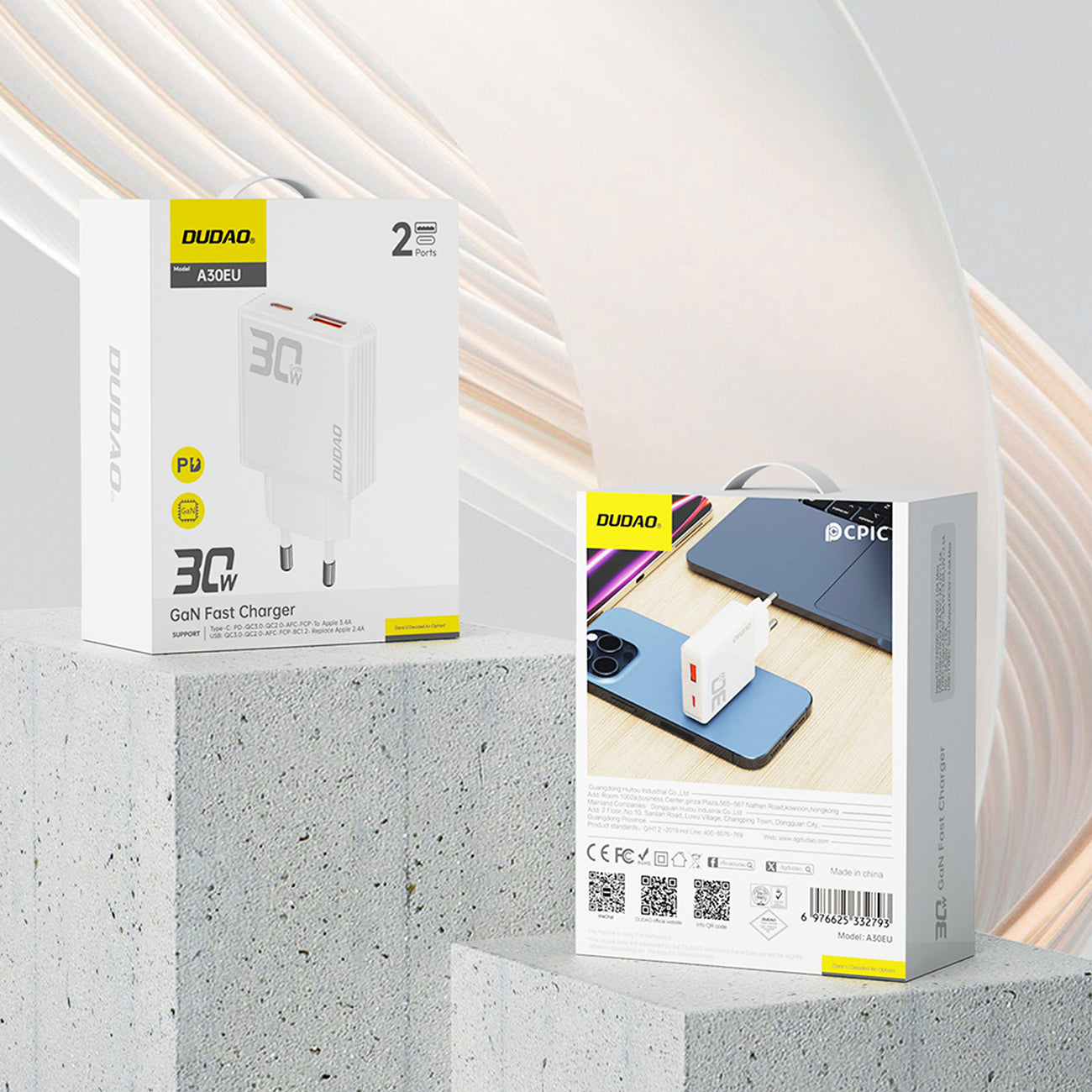 GaN Dudao A30EU 30W USB-A / USB-C sieninis įkroviklis - baltas