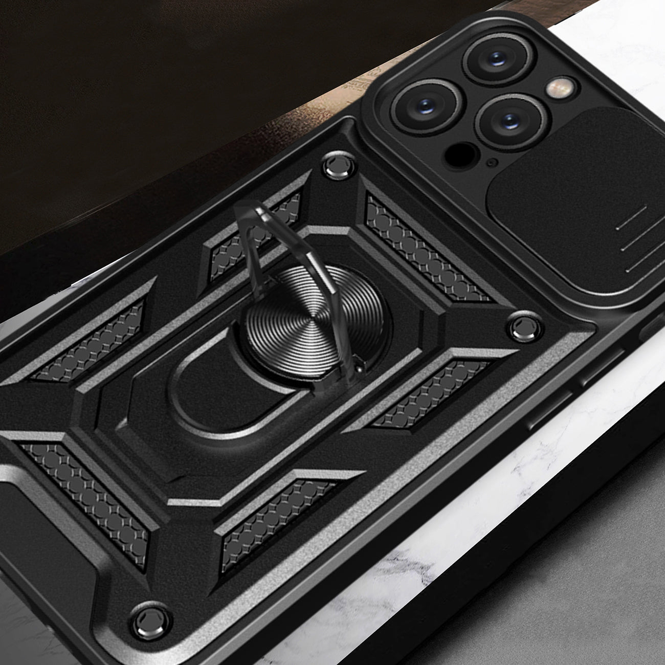 Šarvuotas dėklas iPhone 16 Pro Max su kameros dangteliu – mėlynas