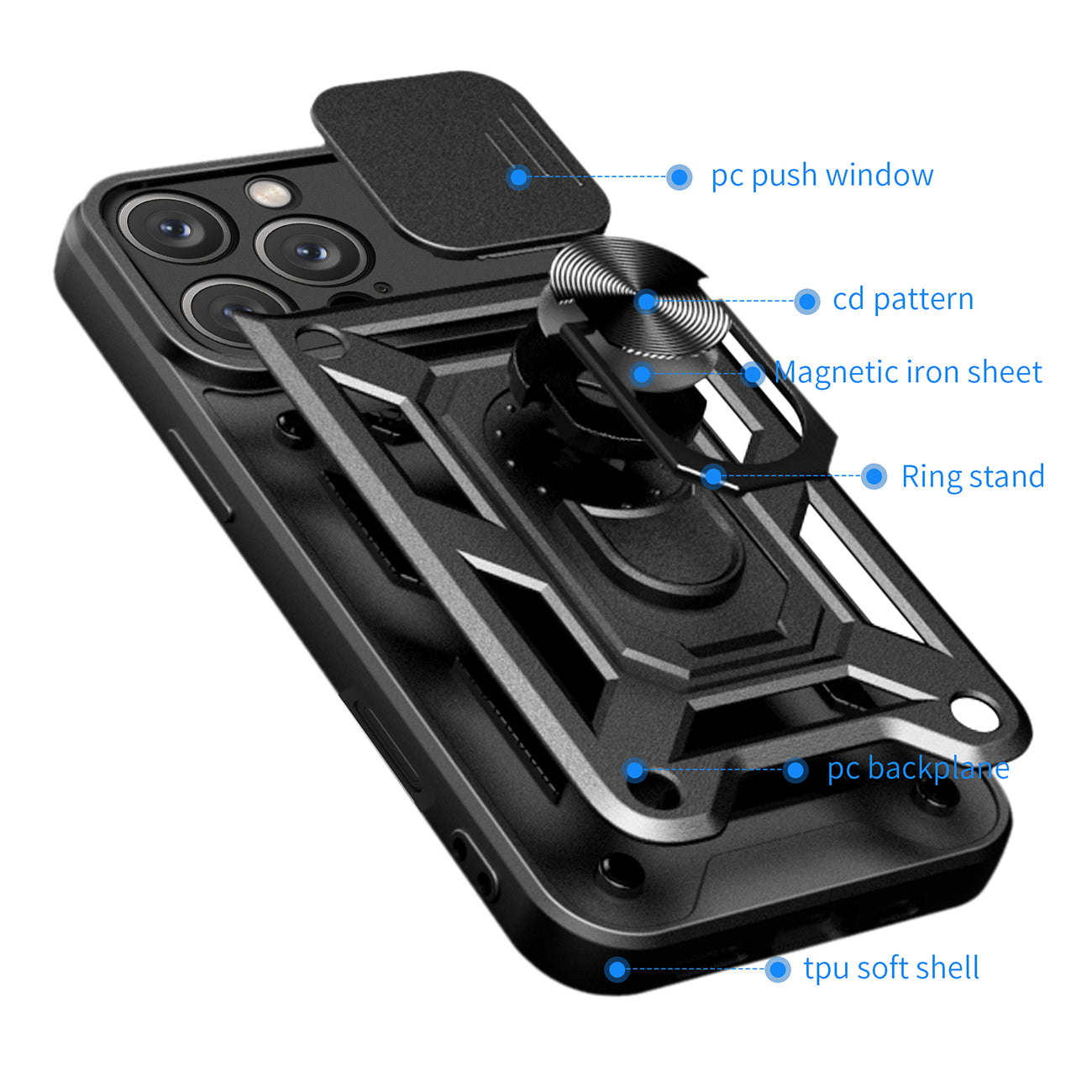 Šarvuotas dėklas iPhone 16 Pro Max su kameros dangteliu – mėlynas