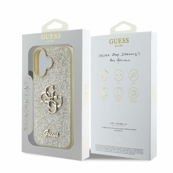 Guess Fixed Glitter 4G dėklas iPhone 16 – auksinis