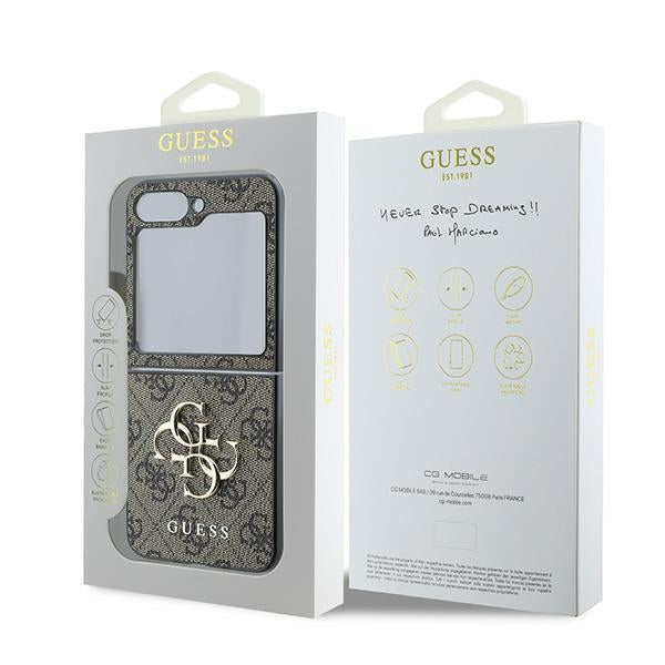 Guess Odinis 4G Metalinis logotipo dėklas, skirtas Samsung Galaxy Z Flip 6 - rudas