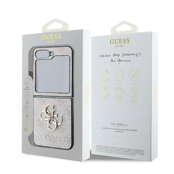 Guess Leather 4G Metal Logo dėklas Samsung Galaxy Z Flip 6 - Rožinis -- Samsung Galaxy Z Flip 6