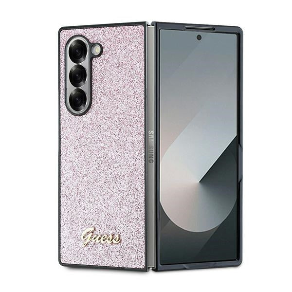 Guess 4G Glitter Script dėklas Samsung Galaxy Z Fold6 – rožinis