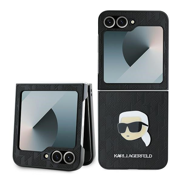 Karl Lagerfeld Saffiano monograminis dėklas, skirtas Samsung Galaxy Z Flip 6 – juodas