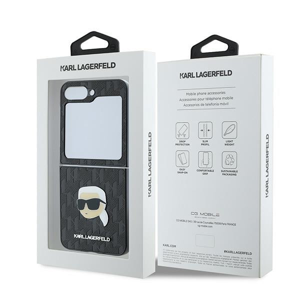 Karl Lagerfeld Saffiano monograminis dėklas, skirtas Samsung Galaxy Z Flip 6 – juodas