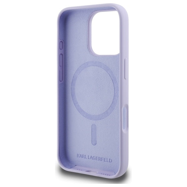 Karl Lagerfeld silikoninis MagSafe dėklas iPhone 16 Pro – violetinis
