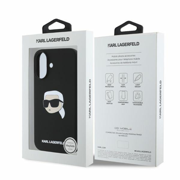 Karl Lagerfeld silikoninis MagSafe dėklas iPhone 16 – juodas