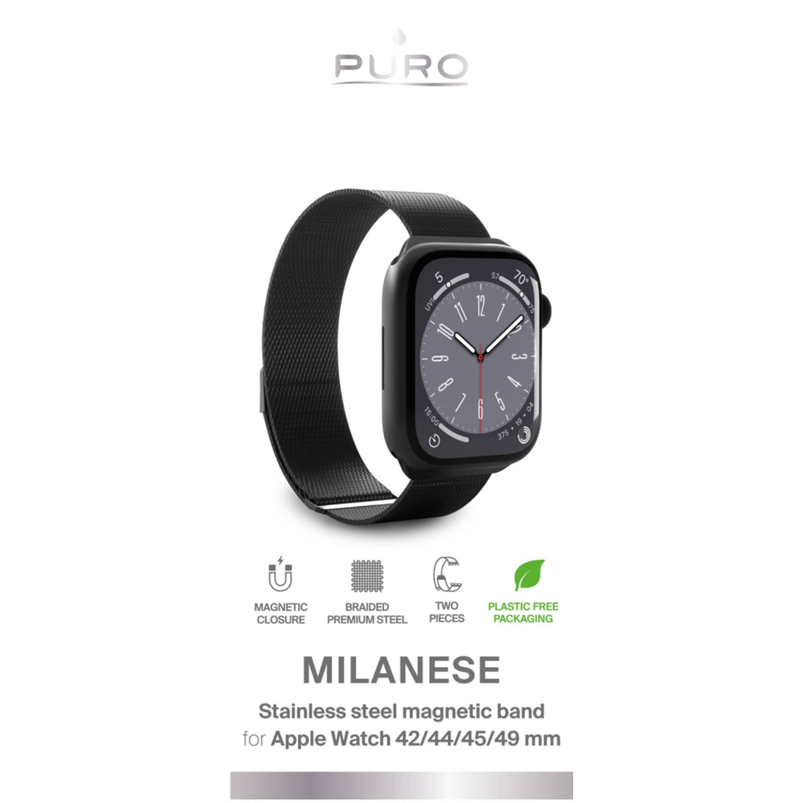 Puro 'MILANESE' laikrodžio dirželis Apple Watch 42-44-45-49m, juodas -- Apple Watch
