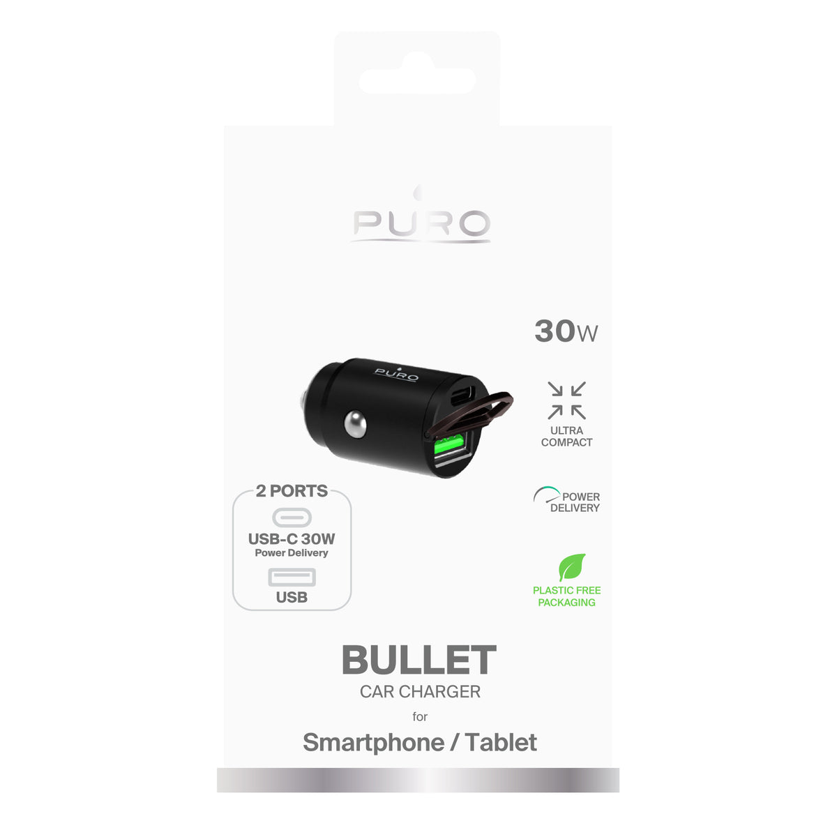 Puro Mini 30W Power Delivery USB-C USB-A automobilinis įkroviklis - juodas