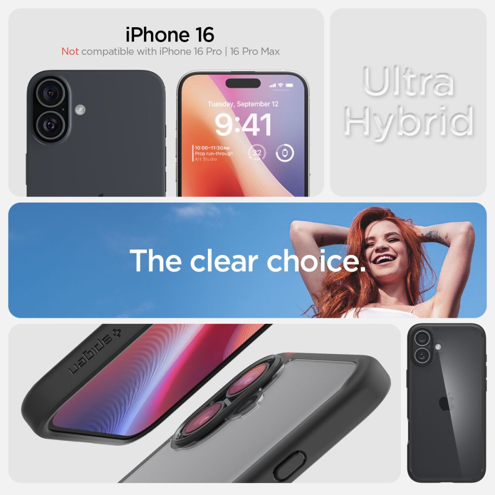 Spigen Ultra Hybrid dėklas iPhone 16 – juodas matinis