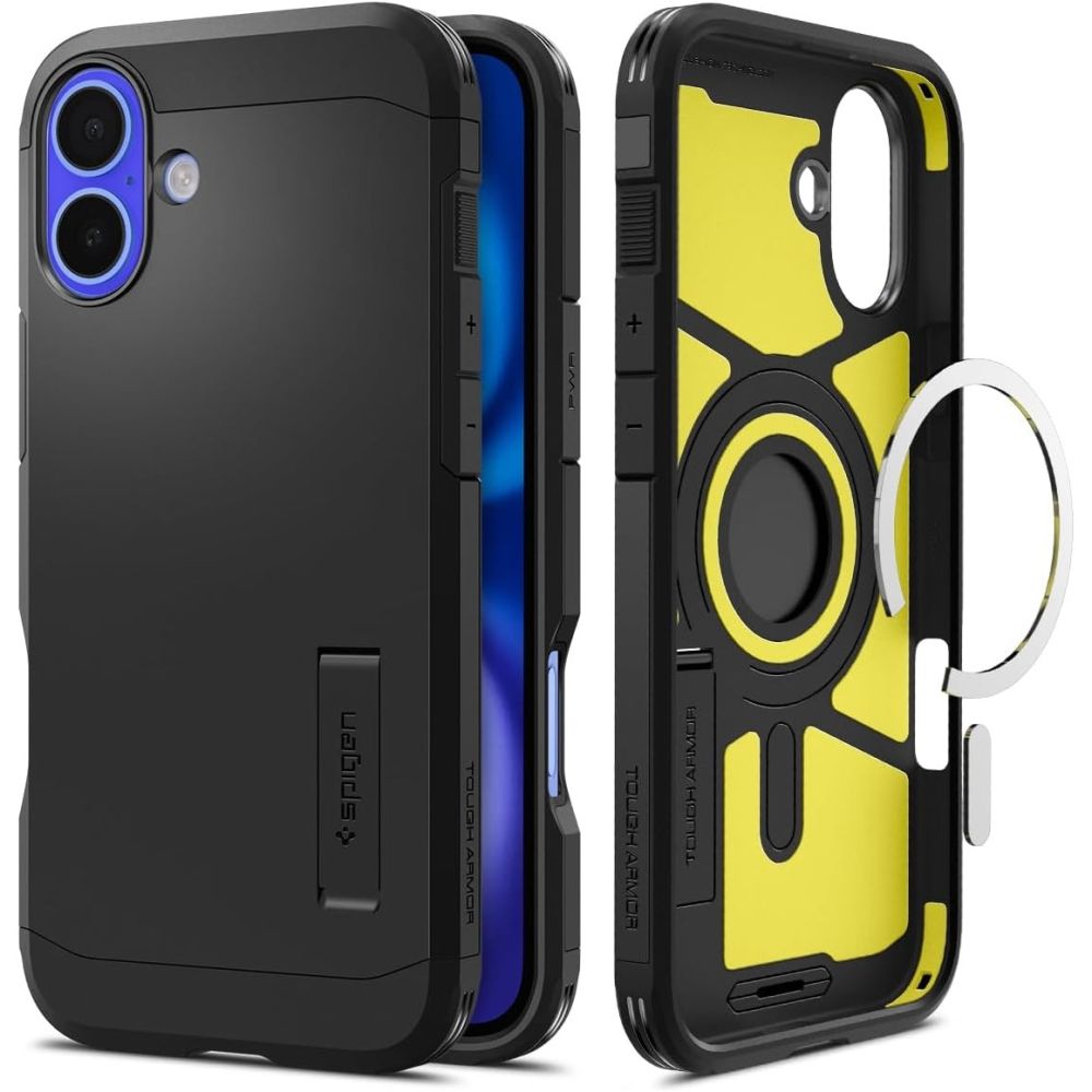Spigen Tough Armor MagSafe dėklas su stovu iPhone 16 – juodas