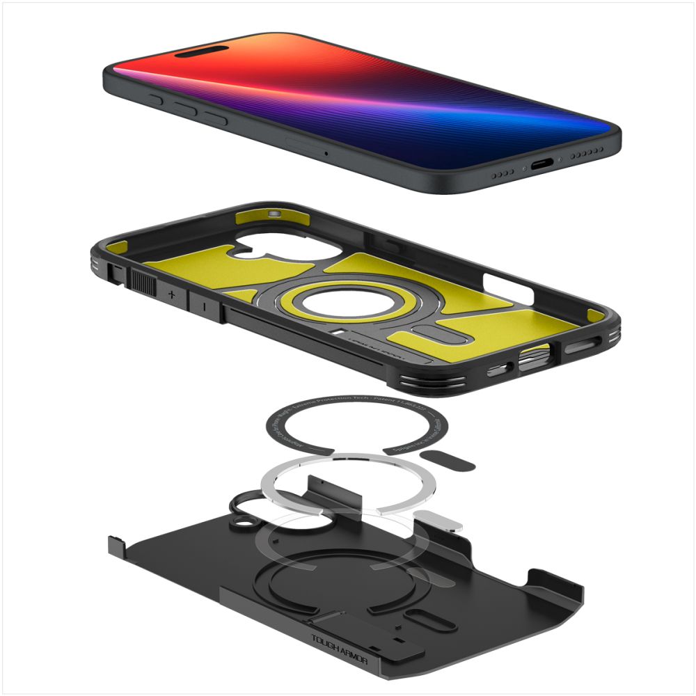 Spigen Tough Armor MagSafe dėklas su stovu iPhone 16 – juodas