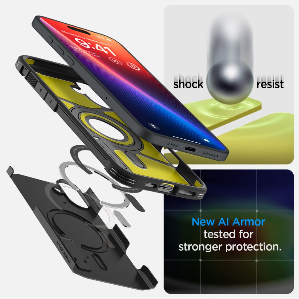 Spigen Tough Armor MagSafe dėklas su stovu iPhone 16 – juodas