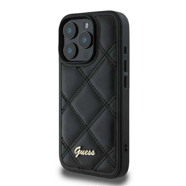 Guess dėklas iPhone 16 Pro – juodas, Quilted Metal Logo