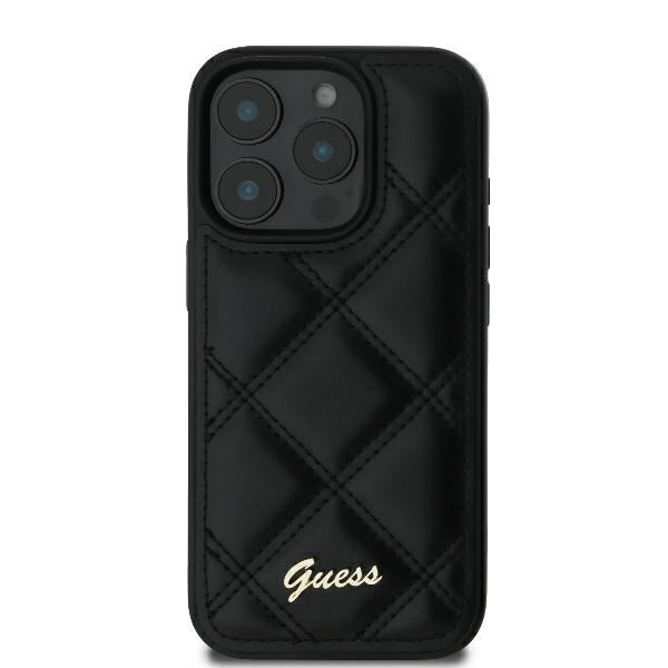 Guess dėklas iPhone 16 Pro – juodas, Quilted Metal Logo