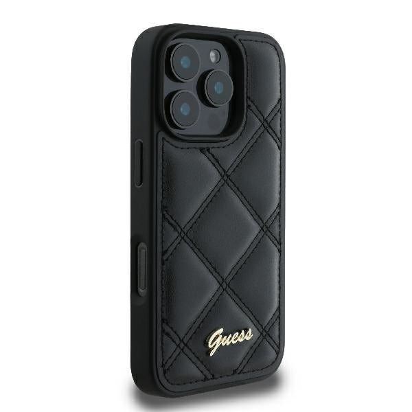 Guess dėklas iPhone 16 Pro – juodas, Quilted Metal Logo