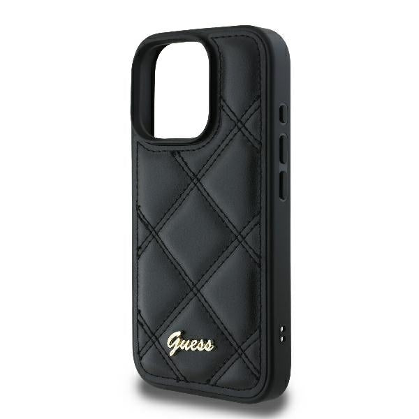 Guess dėklas iPhone 16 Pro – juodas, Quilted Metal Logo