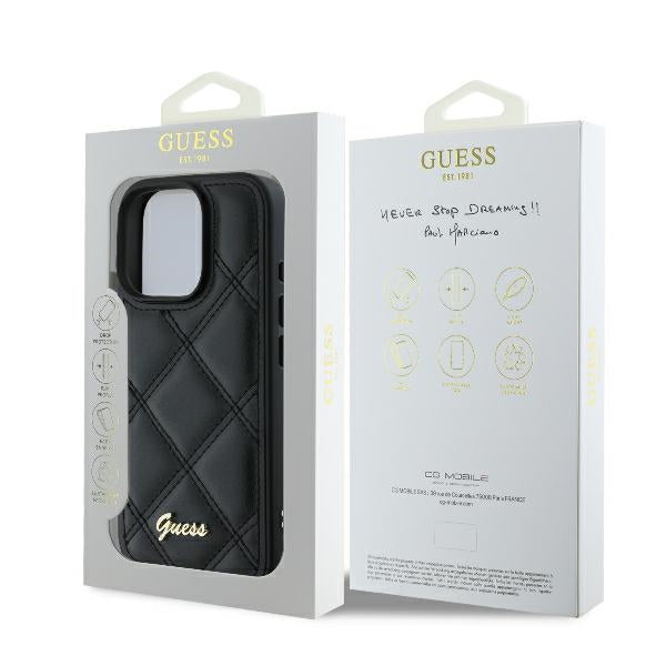 Guess dėklas iPhone 16 Pro – juodas, Quilted Metal Logo