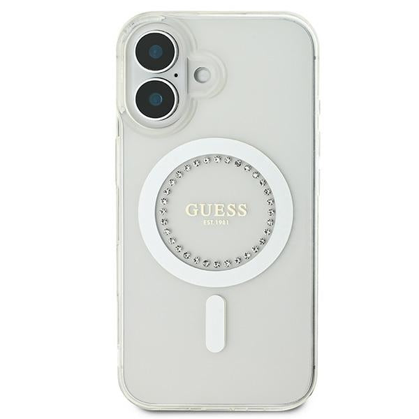 Guess MagSafe dėklas iPhone 16 Plus – baltas, su kristalais