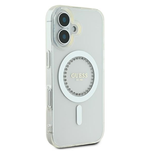 Guess MagSafe dėklas iPhone 16 Plus – baltas, su kristalais