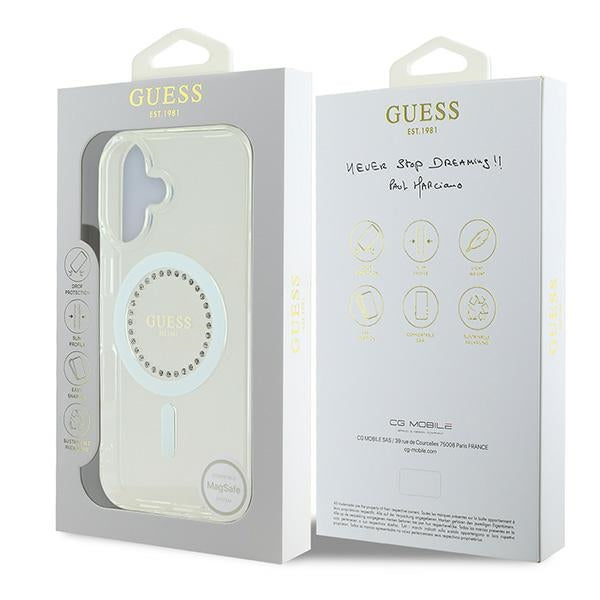 Guess MagSafe dėklas iPhone 16 Plus – baltas, su kristalais