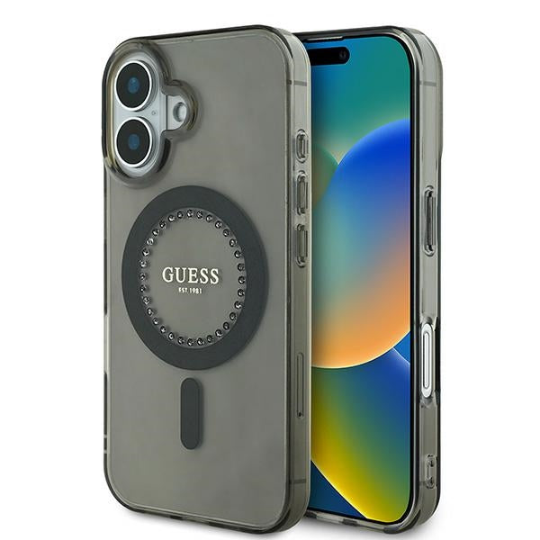 Guess IML Rhinestones MagSafe dėklas iPhone 16 Plus – juodas