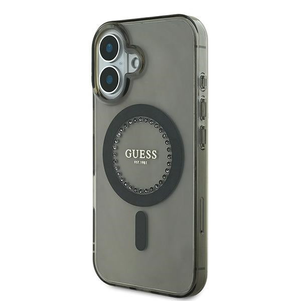 Guess IML Rhinestones MagSafe dėklas iPhone 16 Plus – juodas