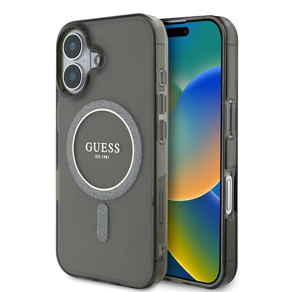 Guess MagSafe dėklas iPhone 16 – juodas, IML Glitter Circle